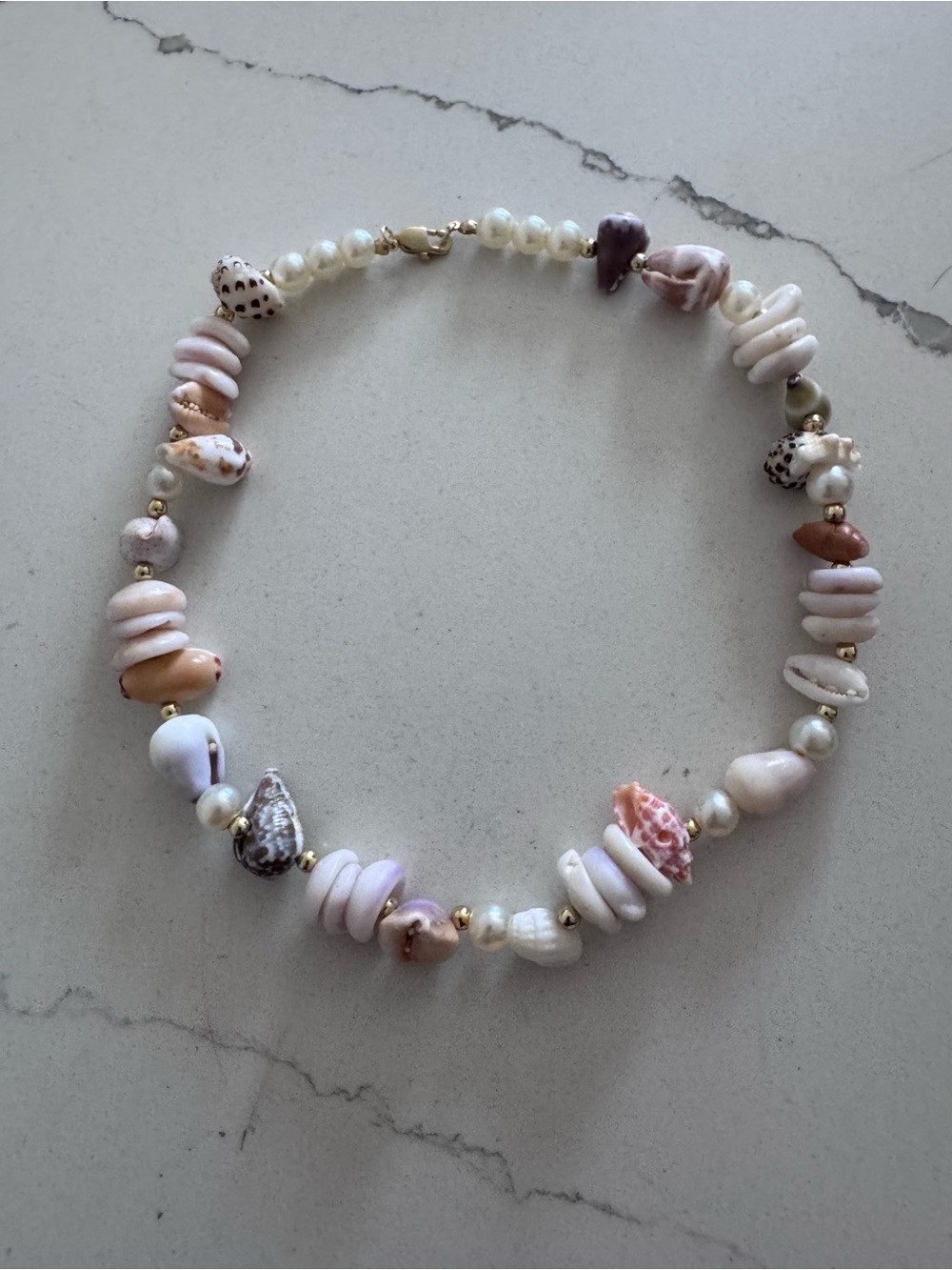Handmade Shell & Pearl Choker Necklace - Pink & Cream